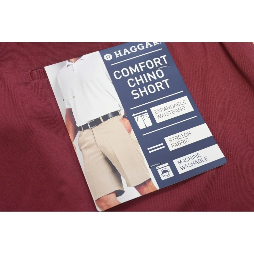 Haggar Comfort Chino Shorts Mens 38 Burgundy Expandable Waist Flat Front New